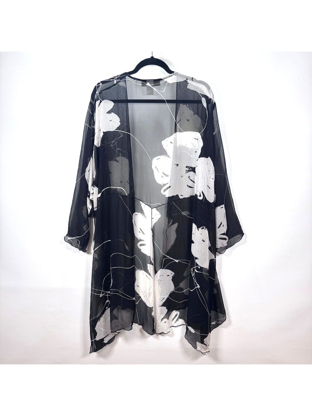 Dinah Lee 100% Silk Sheer Black/White Kimono 1X-3X - Picture 2 of 7